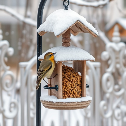 Frost-covered suet feeder in winter garden
