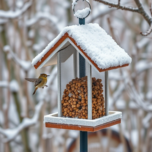 Frost-covered suet feeder in winter garden
