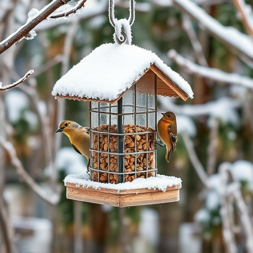 Frost-covered suet feeder in winter garden
