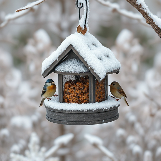 Frost-covered suet feeder in winter garden