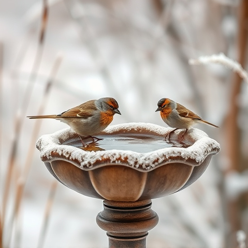 Frosty bird bath visited by small finch