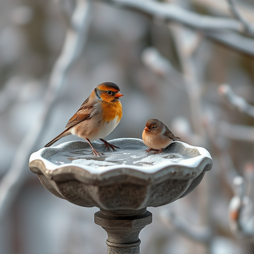 Frosty bird bath visited by small finch