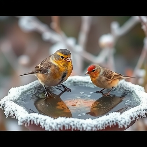Frosty bird bath visited by small finch