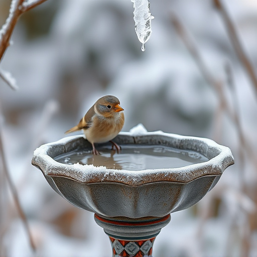 Frosty bird bath visited by small finch