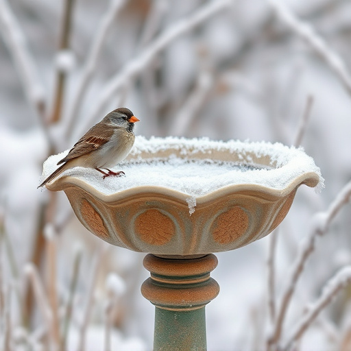Frosty bird bath visited by small finch