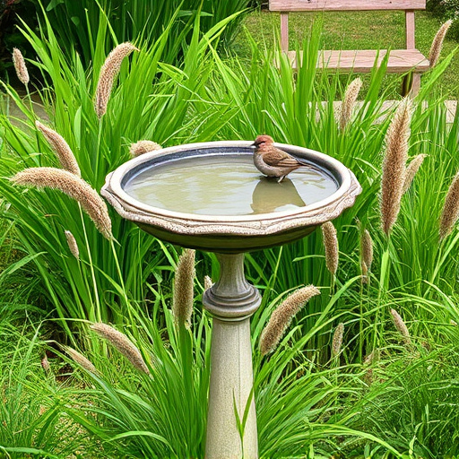 Garden bird bath surrounded by wild grass