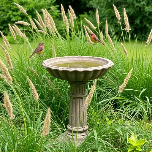 Garden bird bath surrounded by wild grass