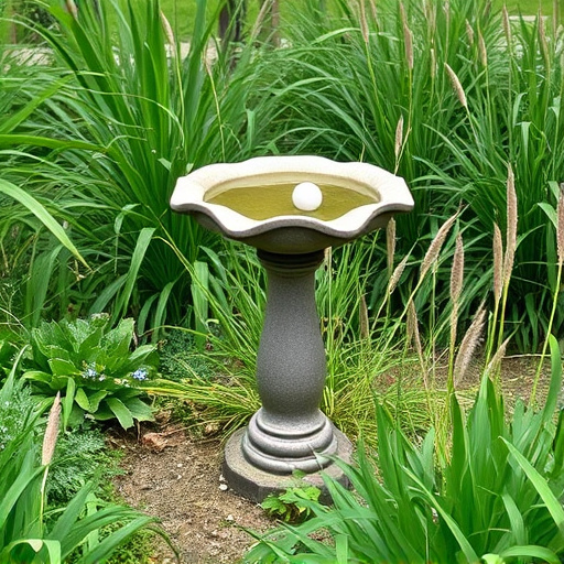 Garden bird bath surrounded by wild grass