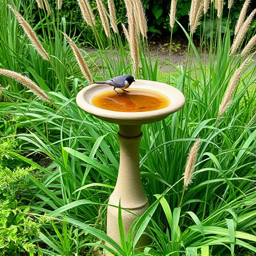 Garden bird bath surrounded by wild grass