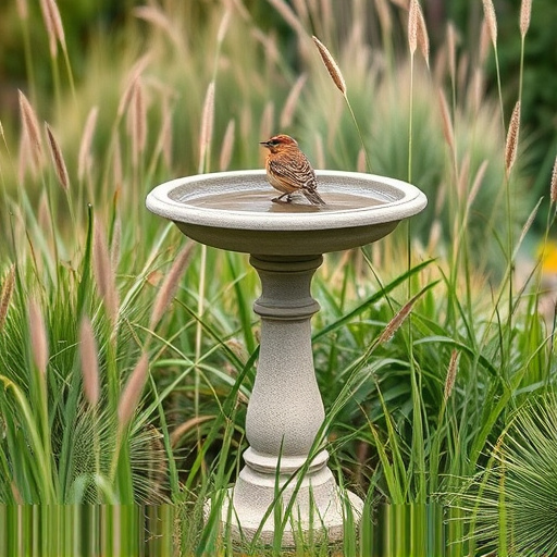 Garden bird bath surrounded by wild grass
