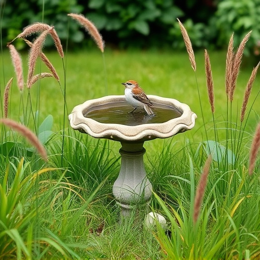 Garden bird bath surrounded by wild grass