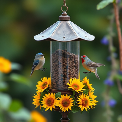 Garden bird feeder filled with sunflower hearts