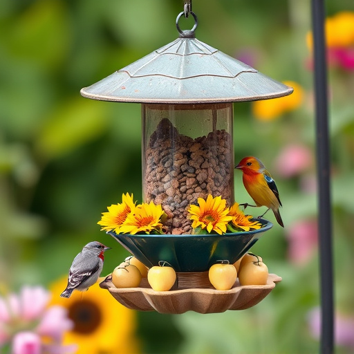 Garden bird feeder filled with sunflower hearts
