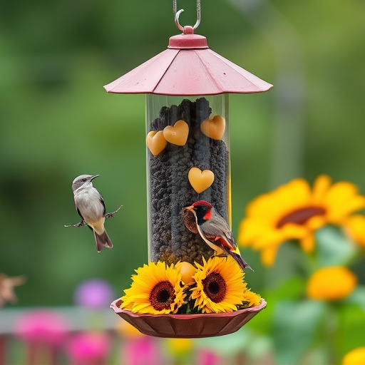 Garden bird feeder filled with sunflower hearts