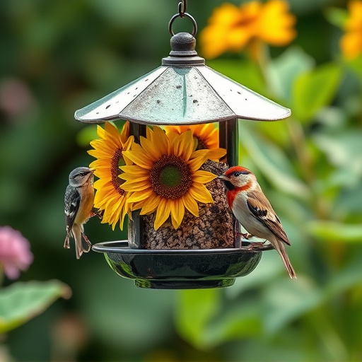Garden bird feeder filled with sunflower hearts