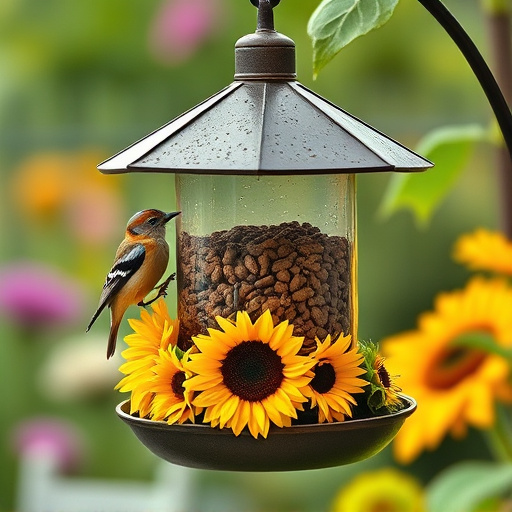 Garden bird feeder filled with sunflower hearts