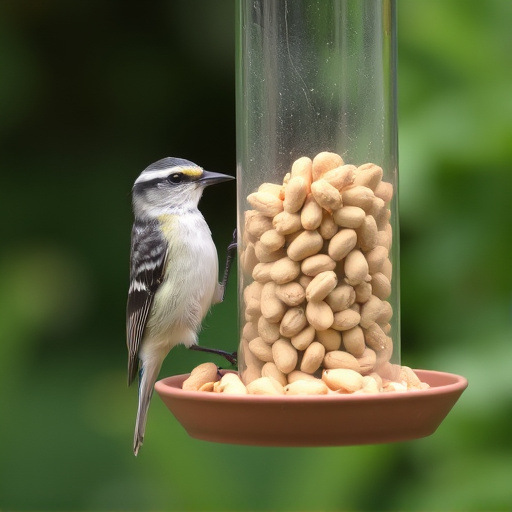 Garden bird pecking at hanging peanut feeder