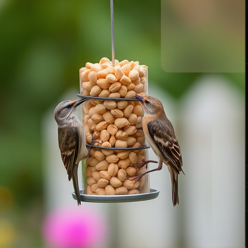 Garden bird pecking at hanging peanut feeder