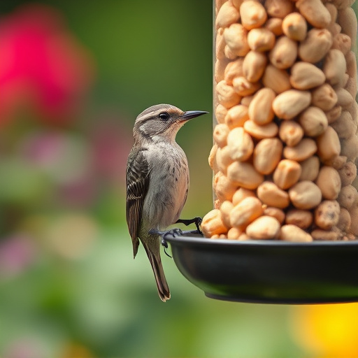 Garden bird pecking at hanging peanut feeder