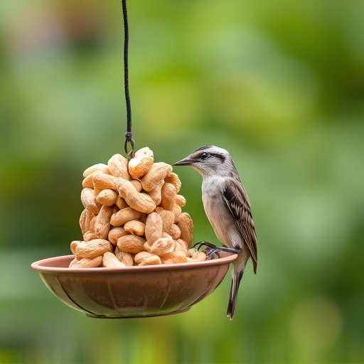 Garden bird pecking at hanging peanut feeder