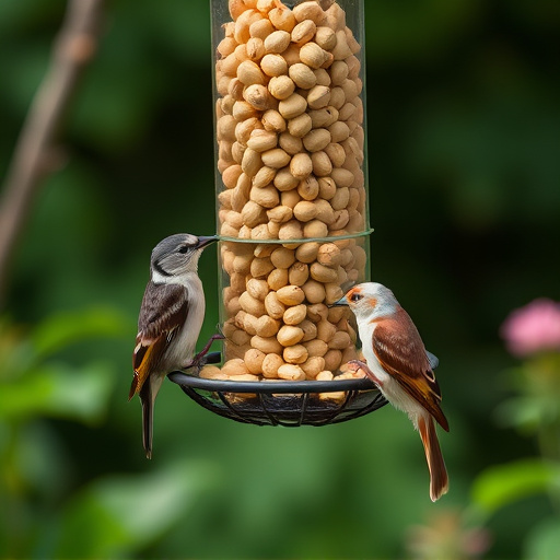 Garden bird pecking at hanging peanut feeder