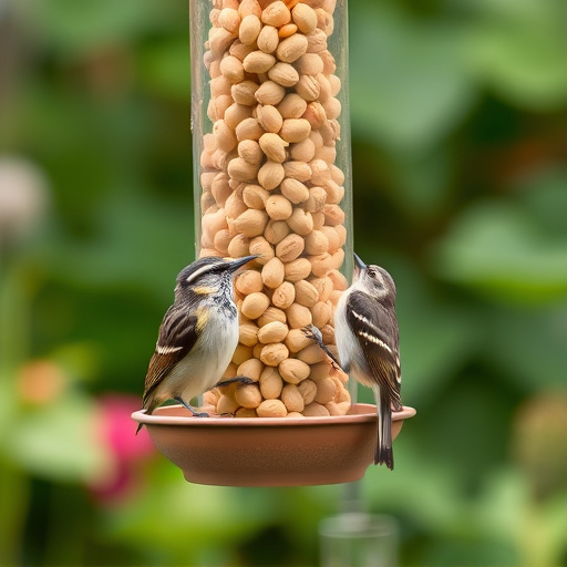Garden bird pecking at hanging peanut feeder