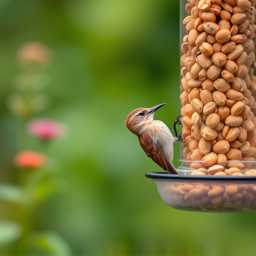 Garden bird pecking at hanging peanut feeder