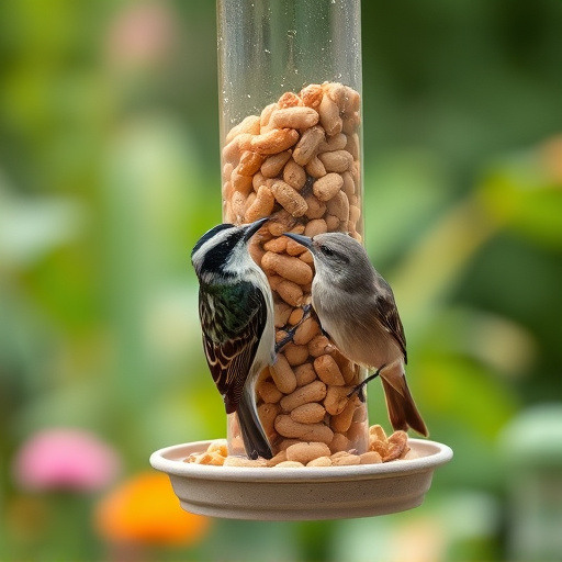 Garden bird pecking at hanging peanut feeder