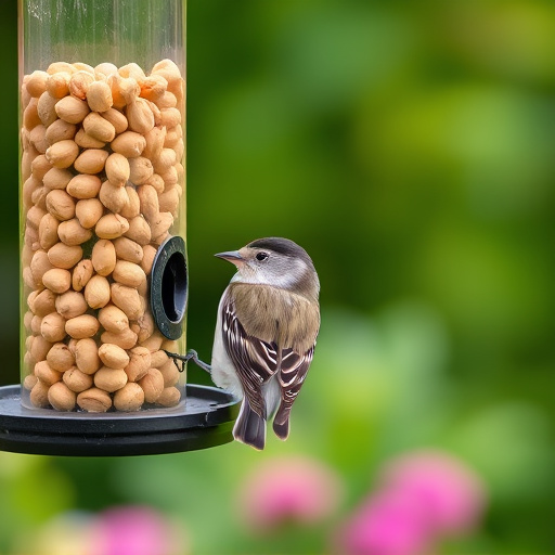 Garden bird pecking at hanging peanut feeder