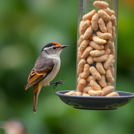 Garden bird pecking at hanging peanut feeder