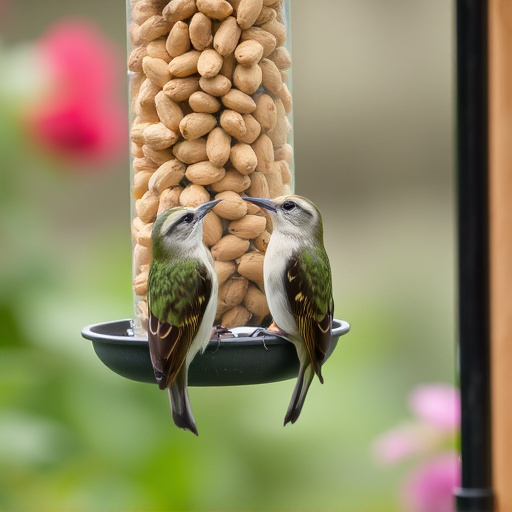 Garden bird pecking at hanging peanut feeder