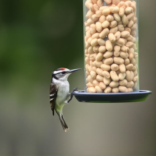 Garden bird pecking at hanging peanut feeder