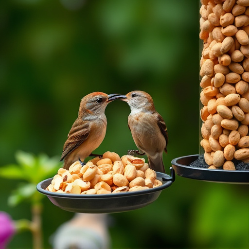 Garden bird pecking at hanging peanut feeder