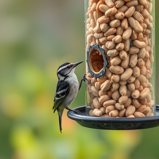 Garden bird pecking at hanging peanut feeder