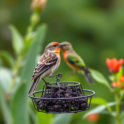 Garden bird perched on caged feeder