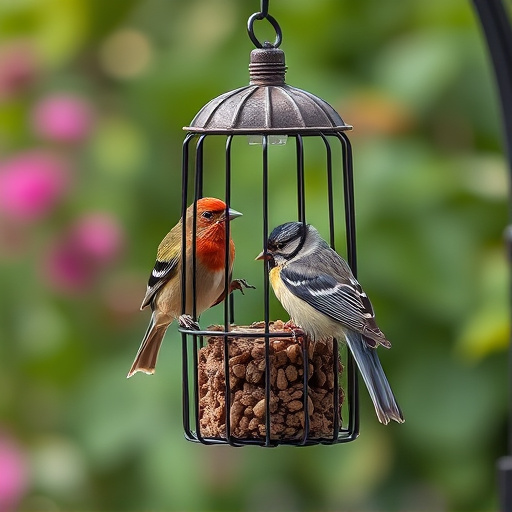 Garden bird perched on caged feeder