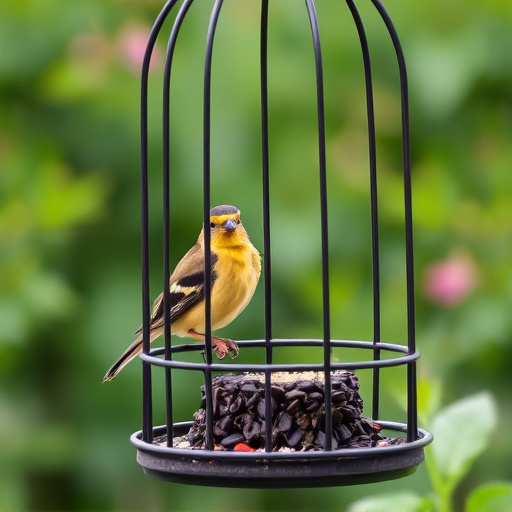 Garden bird perched on caged feeder