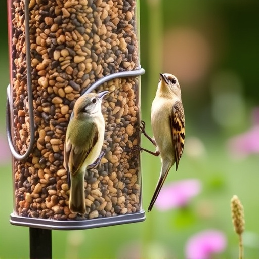 Garden birds at squirrel-resistant seed tube