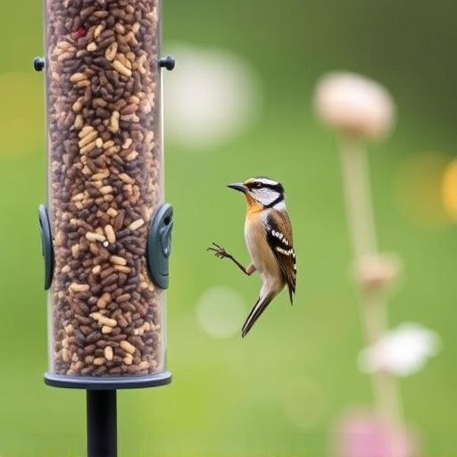 Garden birds at squirrel-resistant seed tube