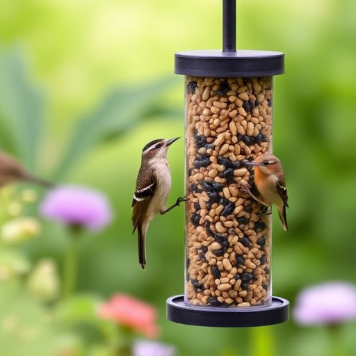 Garden birds at squirrel-resistant seed tube