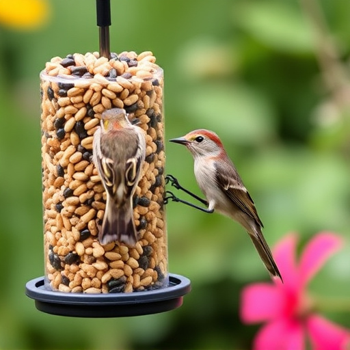 Garden birds at squirrel-resistant seed tube
