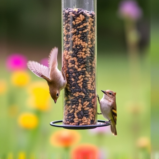 Garden birds at squirrel-resistant seed tube
