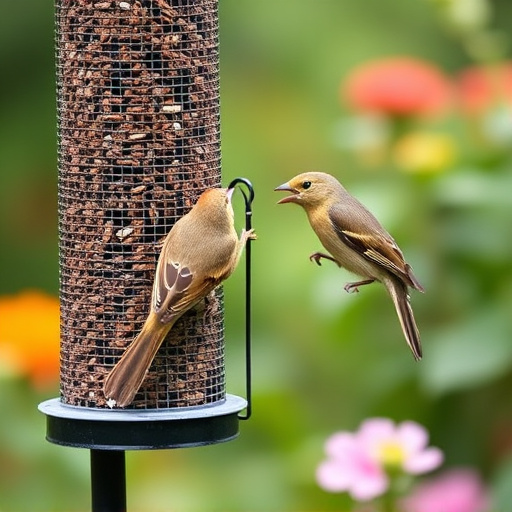 Garden birds at squirrel-resistant seed tube
