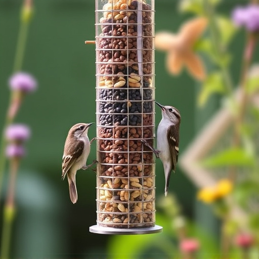 Garden birds at squirrel-resistant seed tube