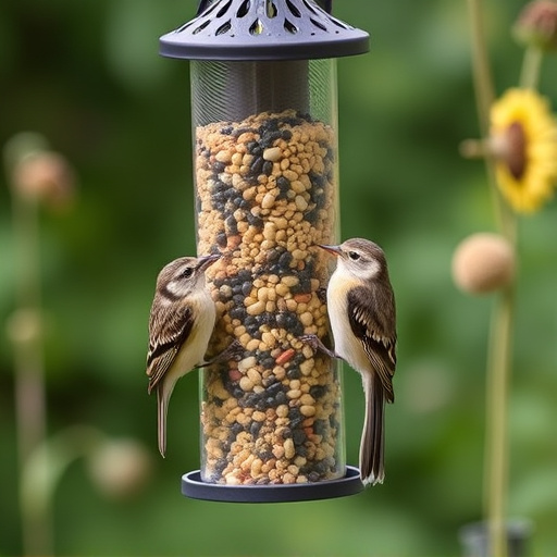 Garden birds at squirrel-resistant seed tube