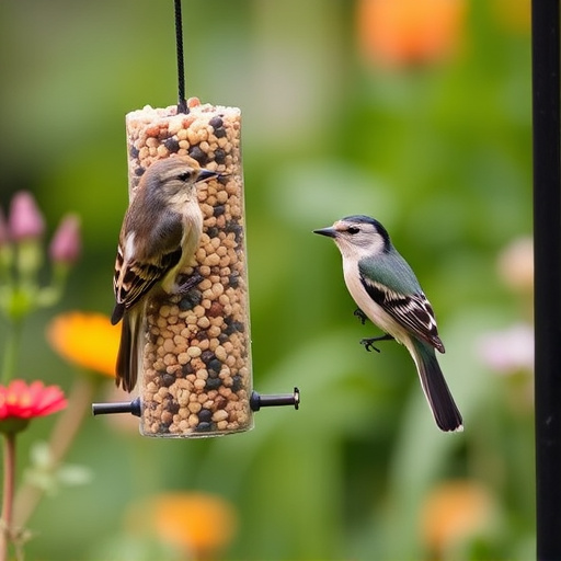 Garden birds at squirrel-resistant seed tube