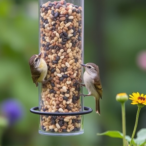 Garden birds at squirrel-resistant seed tube