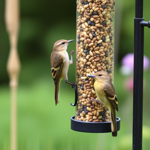 Garden birds at squirrel-resistant seed tube