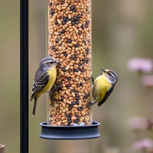 Garden birds at squirrel-resistant seed tube