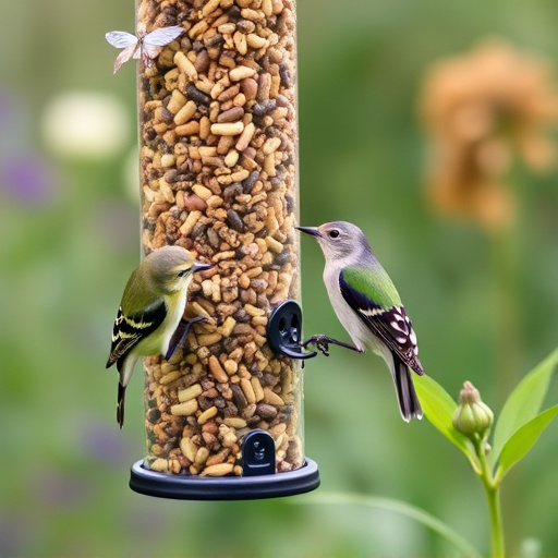 Garden birds at squirrel-resistant seed tube